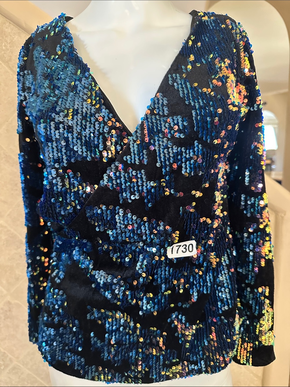 CBR Blue Sequin V-Neck Long Sleeve Top women’s small surplice party disco